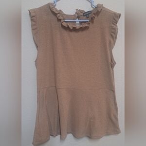 Olivia Blu Womens XL Tan Metallic Ruffle Neck Sleeveless Peplum Blouse Top